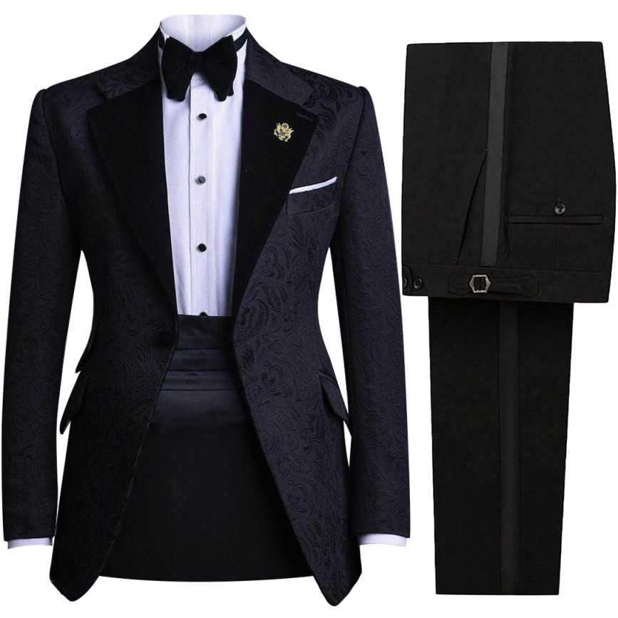 Men's Black Jacquard Tuxedo Suit with Velvet Shawl Lapel, Slim Formal 2-Piece Suit for Groom Wedding Hosting