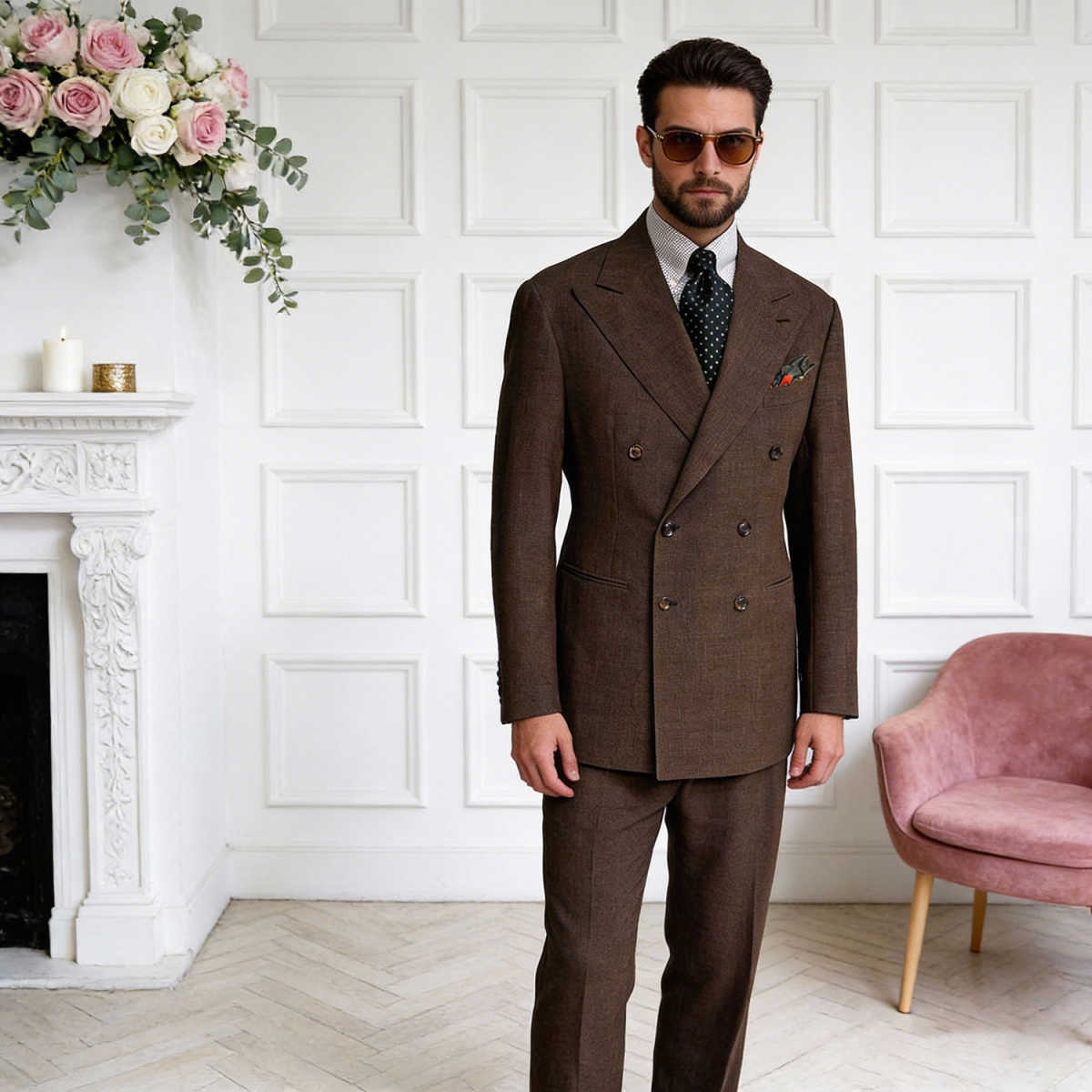 Men's Dark Brown Wool Double Breasted Suit 2-Piece, Peak Lapel Slim Fit Vintage British Business Blazer & Trousers
