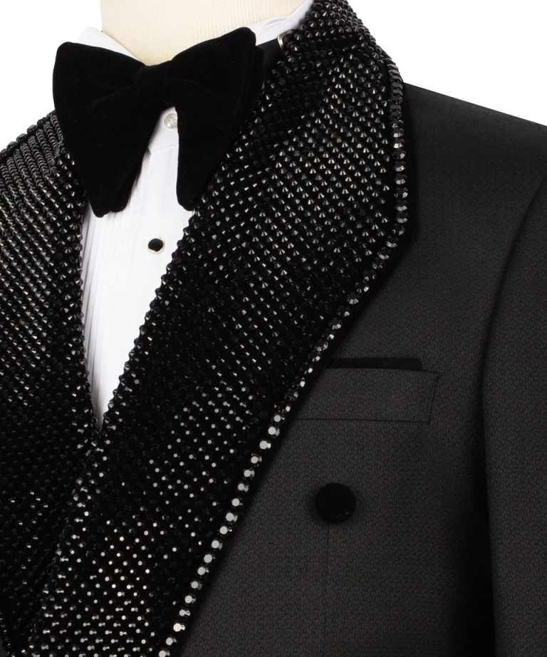 Men's Black Matte Double Breasted Tuxedo Jacket, Shawl Lapel Fully Covered Dense Black Rhinestones Slim Formal Blazer for Groom Banquet Stage Show