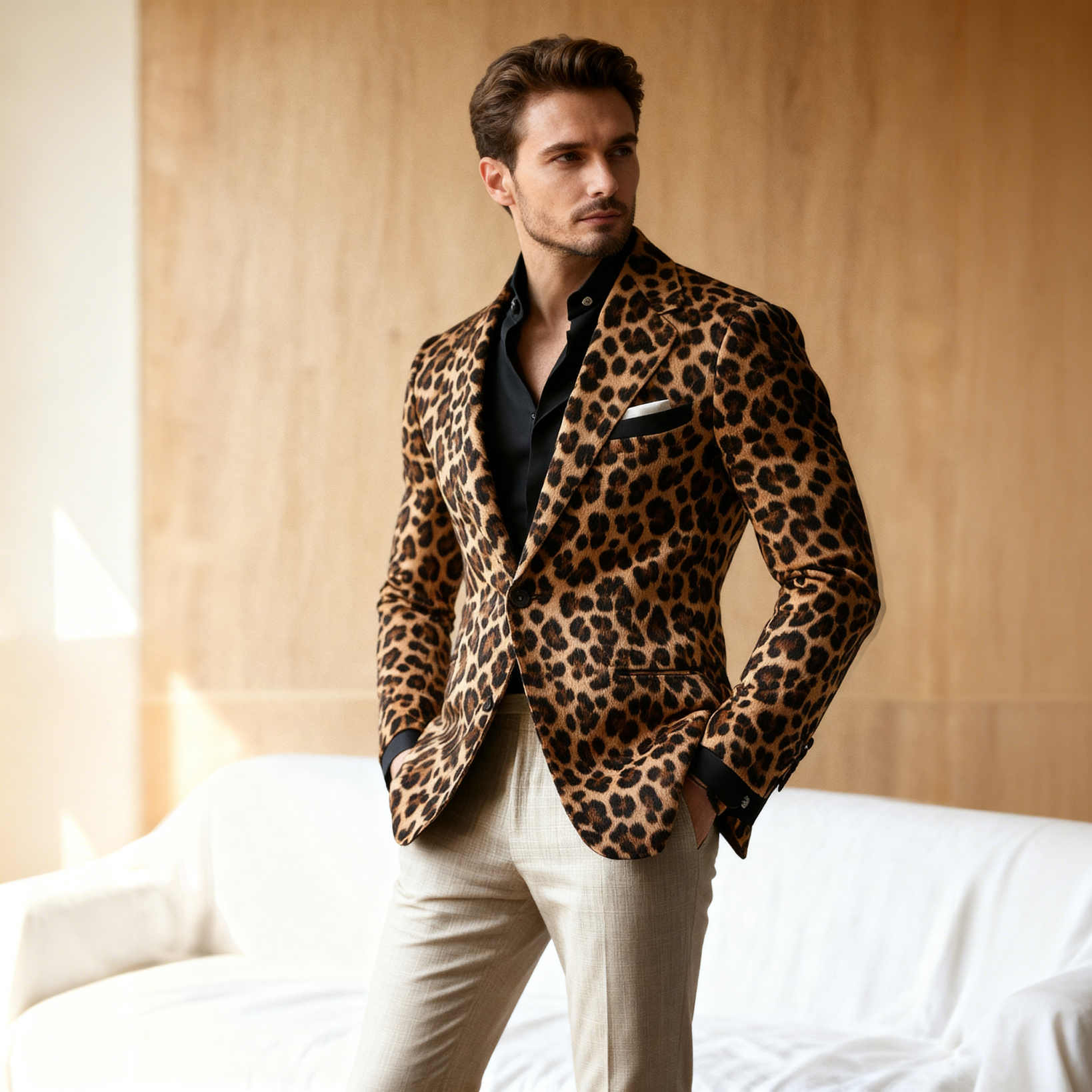 Men's Vintage Leopard Print Velvet Blazer, Notch Lapel Single Button Slim Trendy Casual Sport Coat For Street Commute