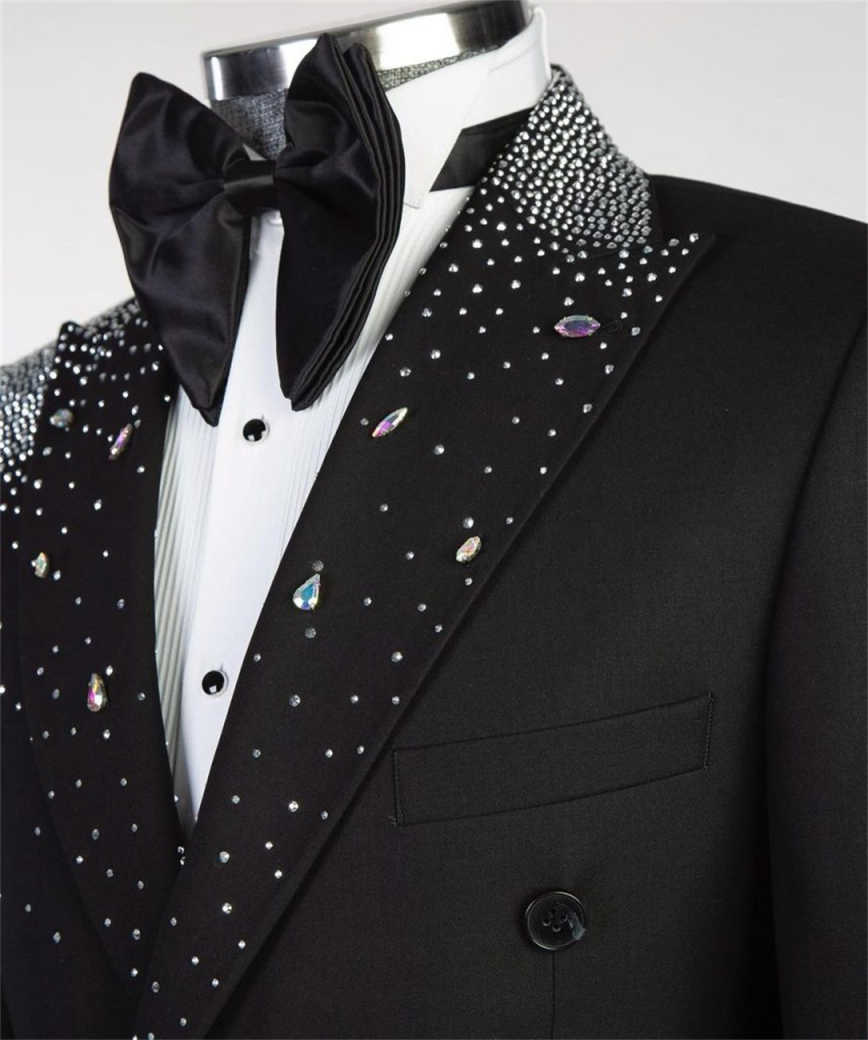 Men's Black Matte Tuxedo Jacket with Peak Lapel, Gradient Gold AB Rhinestones From Shoulder To Hem, Slim Formal Blazer for Groom Stage Banquet