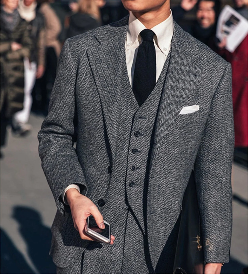 Men's Vintage Herringbone Tweed 3 Piece Suit Wool Blazer Waistcoat Trousers