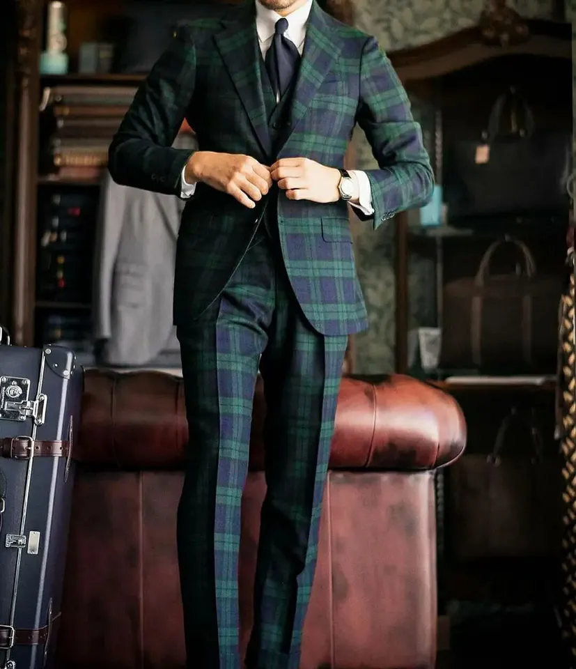 Men's Vintage Plaid Wool 3 Piece Suit, Tweed Blazer Vest Pants Wedding Formal Suit