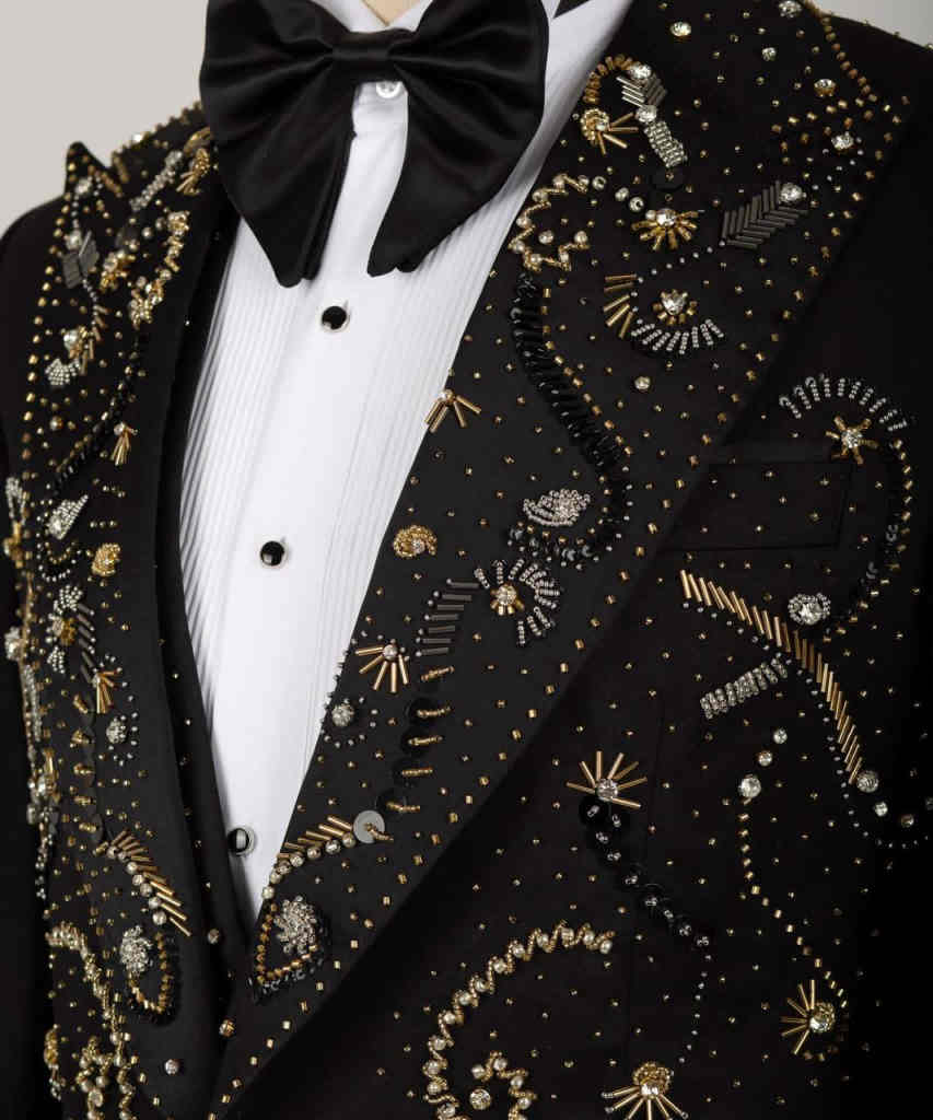 Men's 3-Piece Black Tuxedo Suit, Shawl Lapel Handmade Gold Silver Paisley Rhinestone Embroidery, Slim Formal Blazer Waistcoat for Groom Stage Banquet
