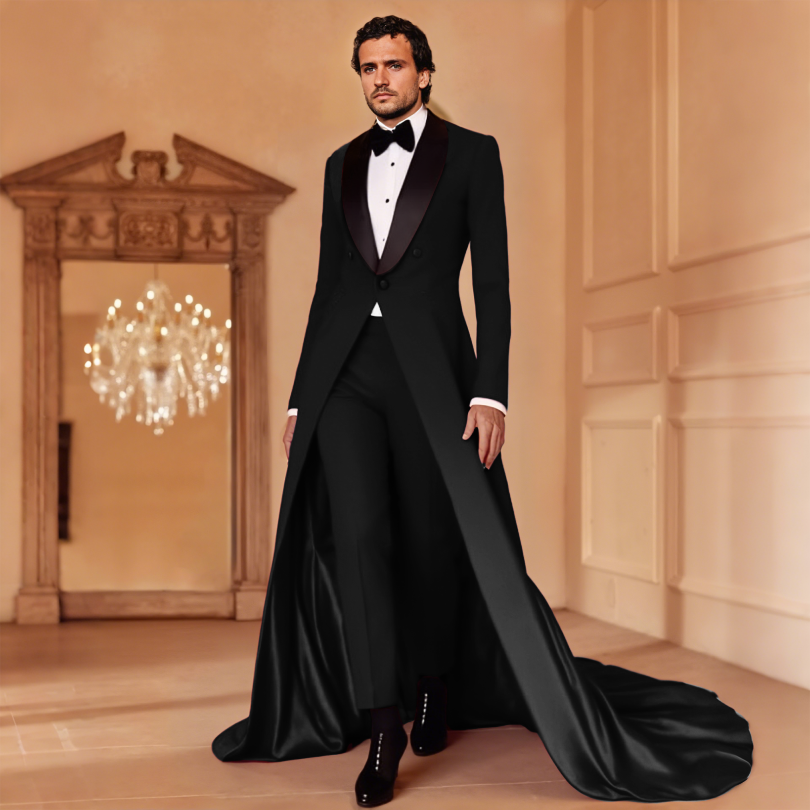 Men's Satin Long Train Tailcoat Tuxedo Peak Lapel Wedding Groom Stage Suit Jacket