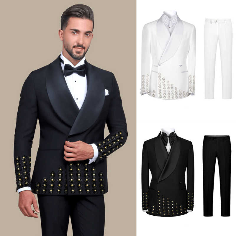 Men's Luxury Rhinestone Embellishments Tuxedo Blazer Shawl Lapel Double Breasted Prom Banquet Party Formal