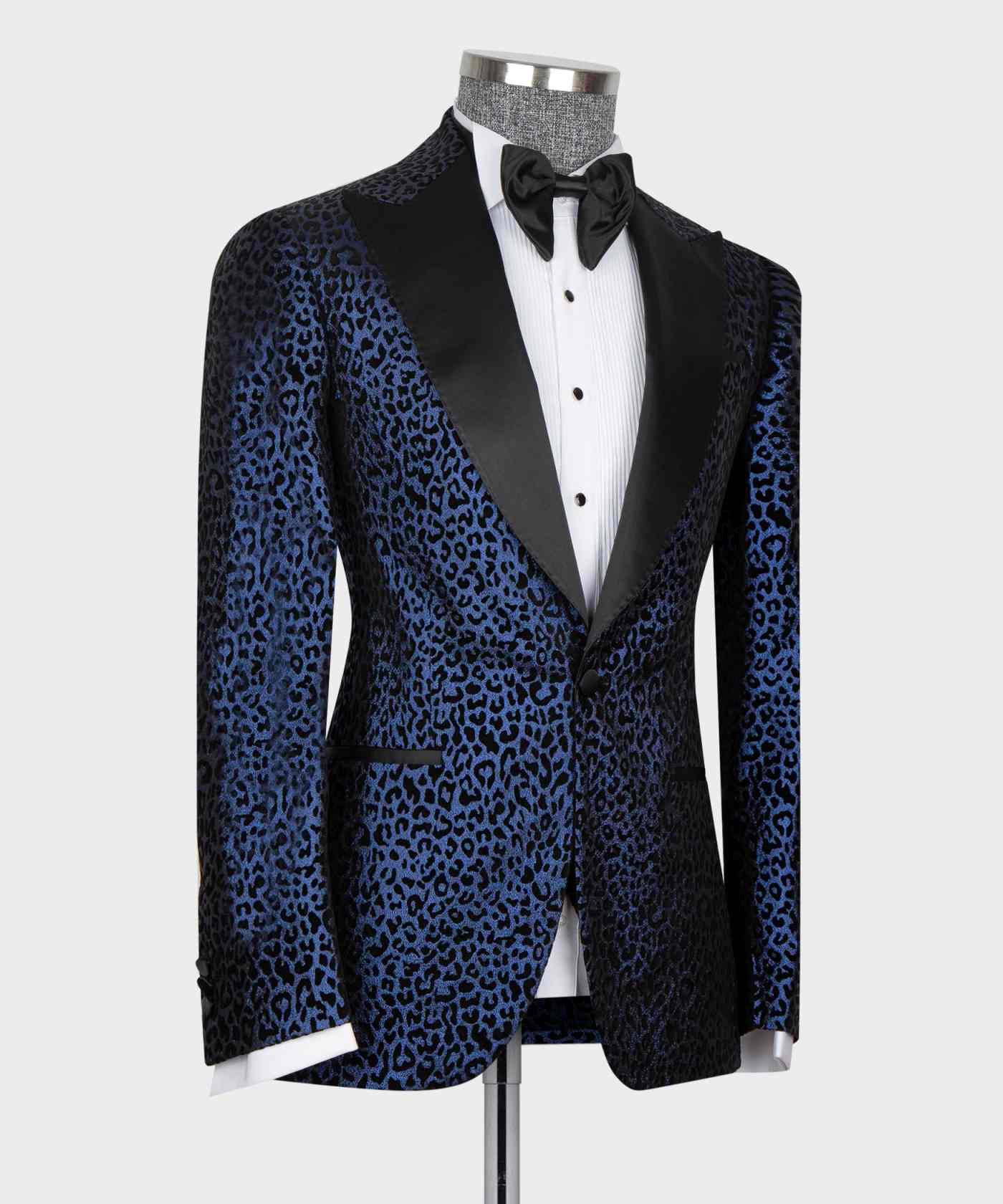 Navy Blue 2Pcs Fashion Single Button Peak Lapel Leopard Print Wedding Suits For Men Party Tuxedos Slim Fit Customized