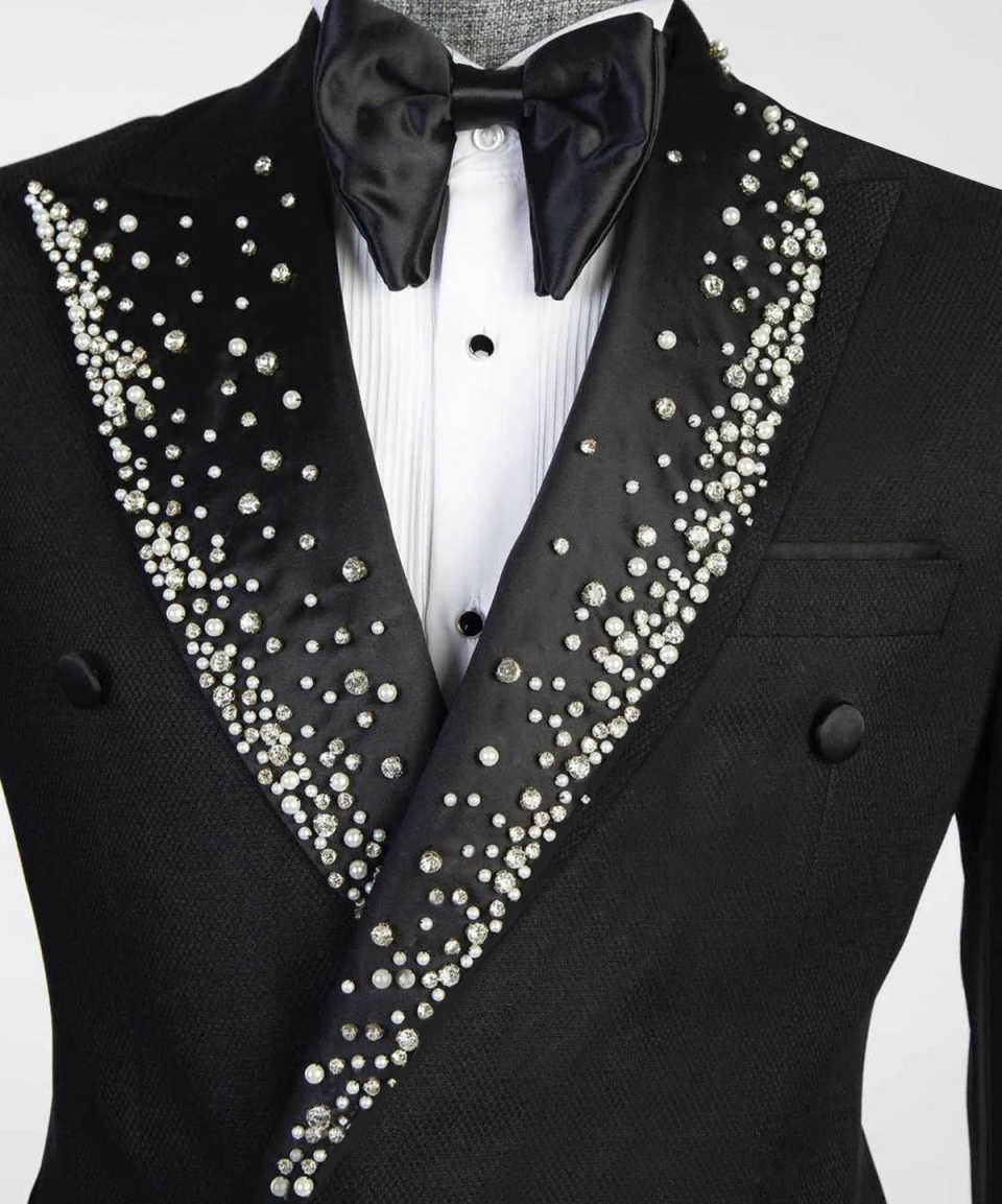 Men's Black Double Breasted Tuxedo Jacket with Gradient Waterfall Rhinestone Peak Lapel, Slim Formal Blazer for Groom Wedding Banquet Stage