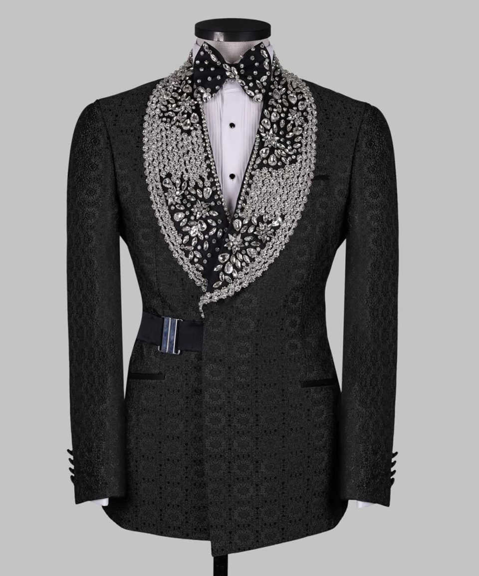 Men's Black & Dark Green Jacquard Tuxedo Jacket, Shawl Lapel Fully Covered 3D Floral Rhinestones with Metal Buckle Waist Belt, Slim Formal Blazer for Wedding Stage Show