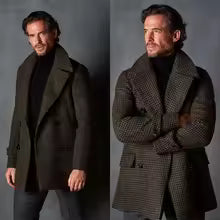 Men Dark Plaid Wool Coat Wide Lapel Double Breasted Mid Length Winter Business Casual Overcoat