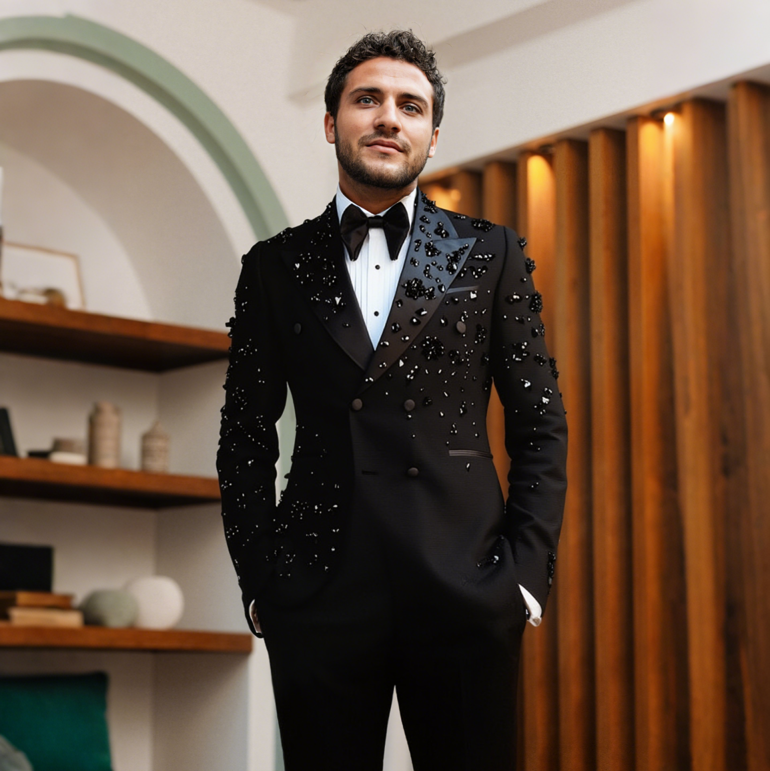 Luxury Men's 2 Piece Suit Slim Fit Double Breasted Beads Crystal Party Wedding Tuxedo Suits Blazer Jacket Pants Set