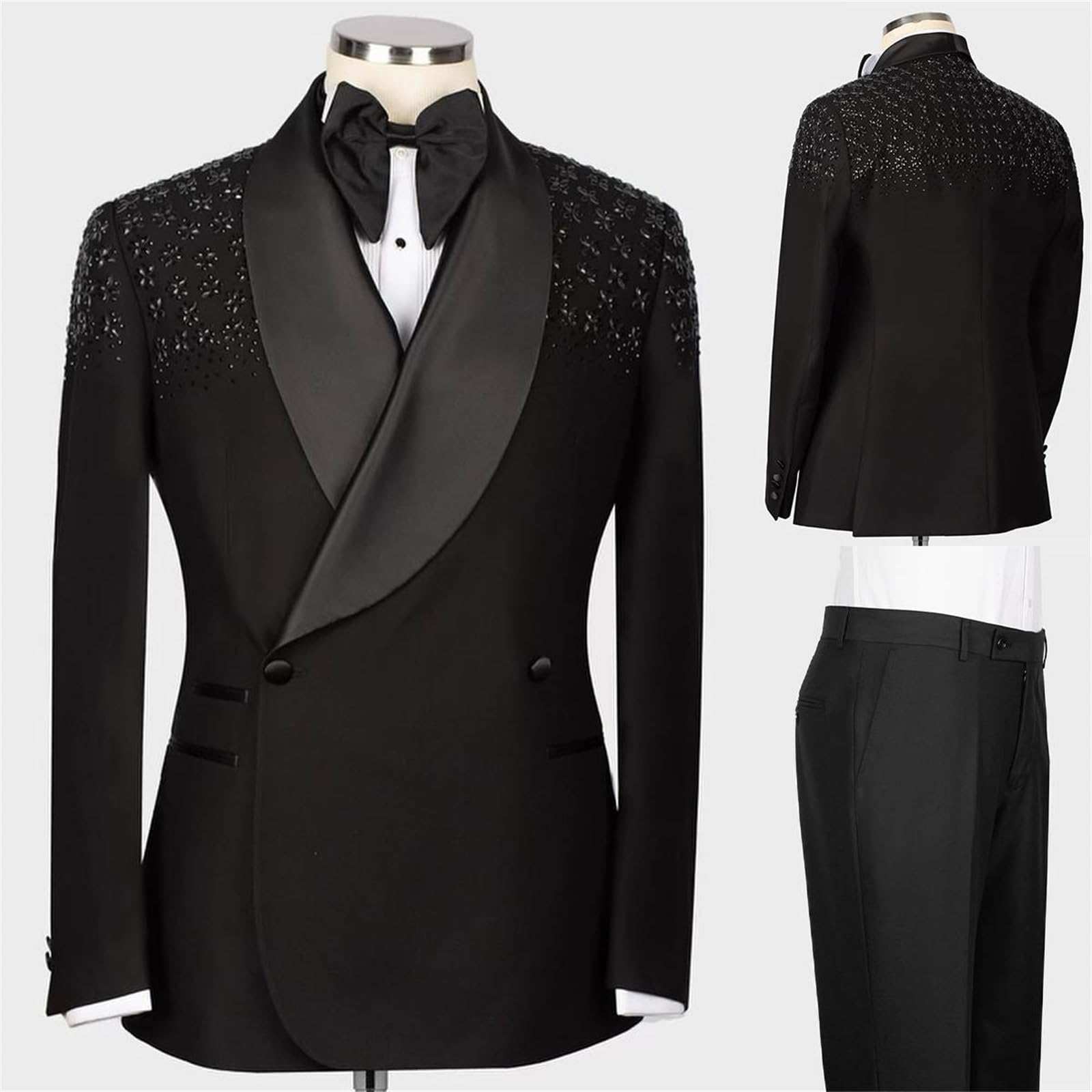 Mens Luxury Pearls Tuxedo Slim Fit Shawl Lapel Wedding Dinner Jacket Party Prom Wedding Blazer Jacket