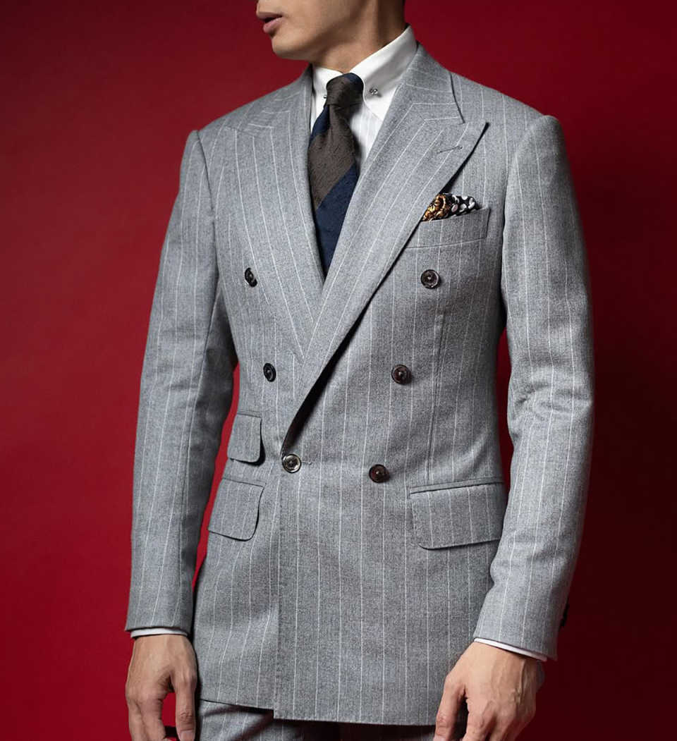 Men's Light Grey Chalk Stripe Double Breasted 2-Piece Wool Suit, Peak Lapel Slim Vintage Business Blazer & Trousers