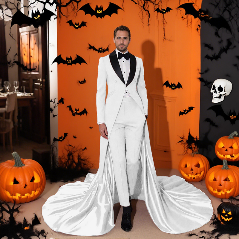 Men's Satin Long Train Tailcoat Tuxedo Peak Lapel Wedding Groom Stage Suit Jacket