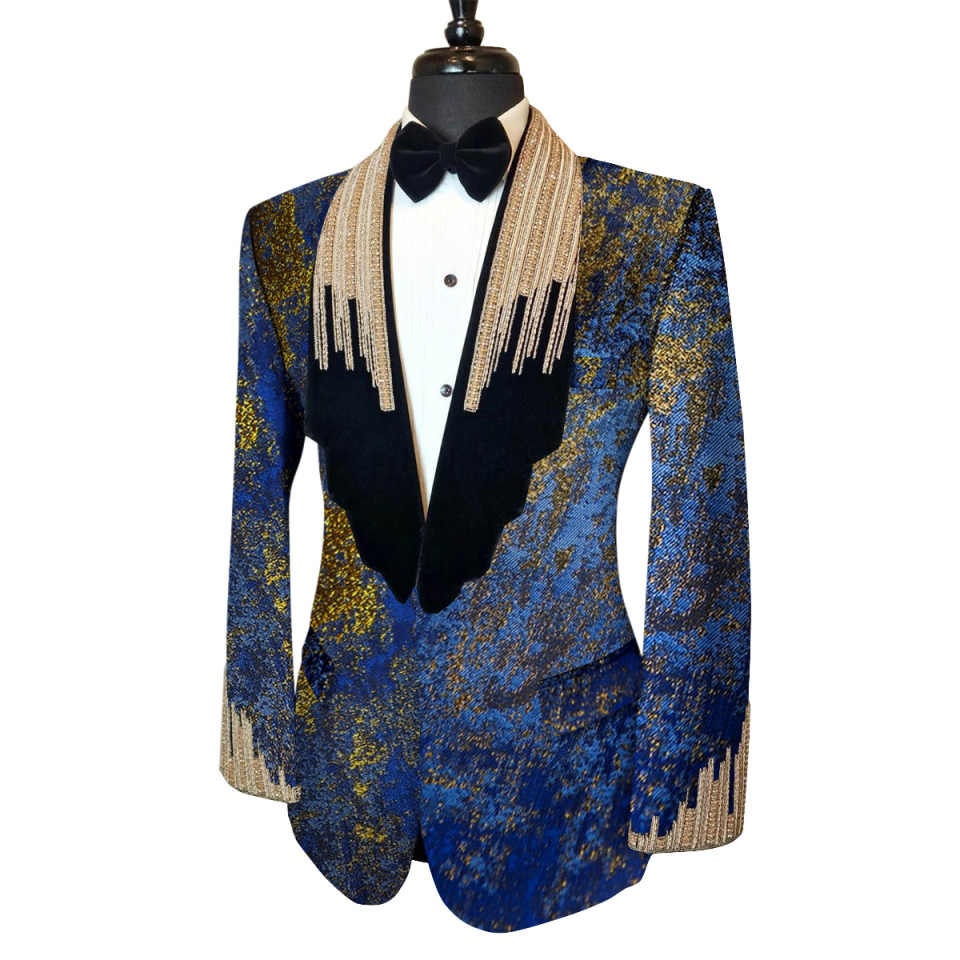 Men's Jacquard Tuxedo with Velvet Shawl Lapel & Heavy Gold Fringe Beading, Slim Fit Formal Suit for Groom Wedding Stage Hosting