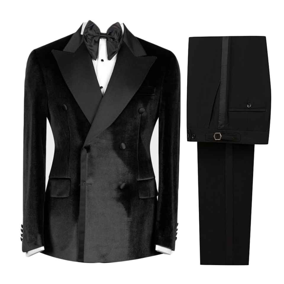 Men's Double Breasted Velvet Tuxedo Blazer In Black & Emerald Green, Wide Satin Peak Lapel Slim Formal Jacket For Wedding Banquet Stage