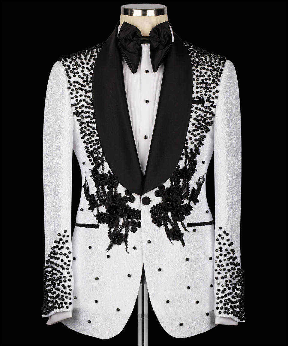 Custom Men's Tuxedo for Groom, Luxurious Beaded Appliqué Slim Fit Single-Button Suit Jacket for Wedding, Prom & Banquet