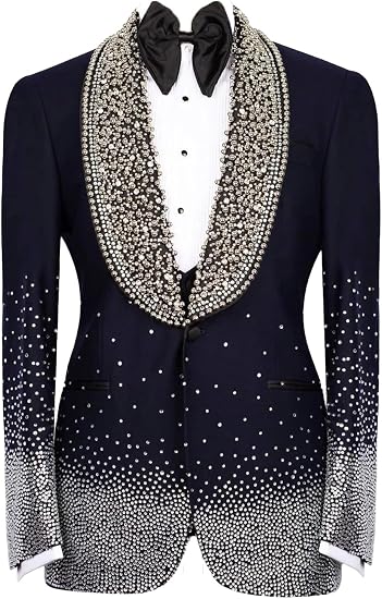 Men's Jacquard Tuxedo Blazer with Beads Crystal for Wedding | Slim Fit, Single-Breasted Party Blazer with rhinestone for Gala,Dinner,Party,Prom, Homecoming