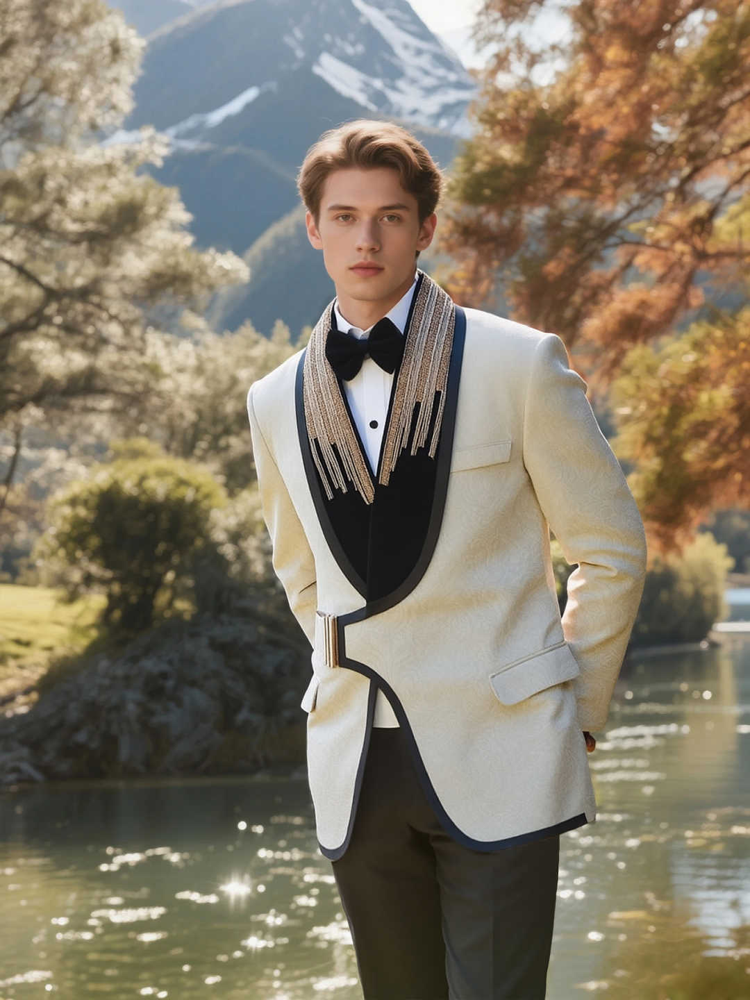 Custom White Jacquard Slim Tuxedo with Gold Rhinestone Tassel Shawl Lapel for Wedding Host Groom