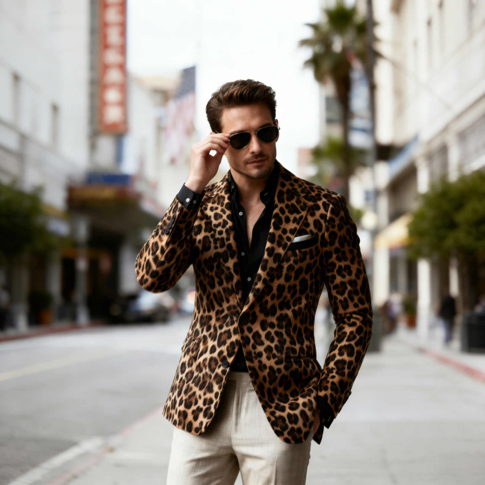 Men's Vintage Leopard Print Velvet Blazer, Notch Lapel Single Button Slim Trendy Casual Sport Coat For Street Commute