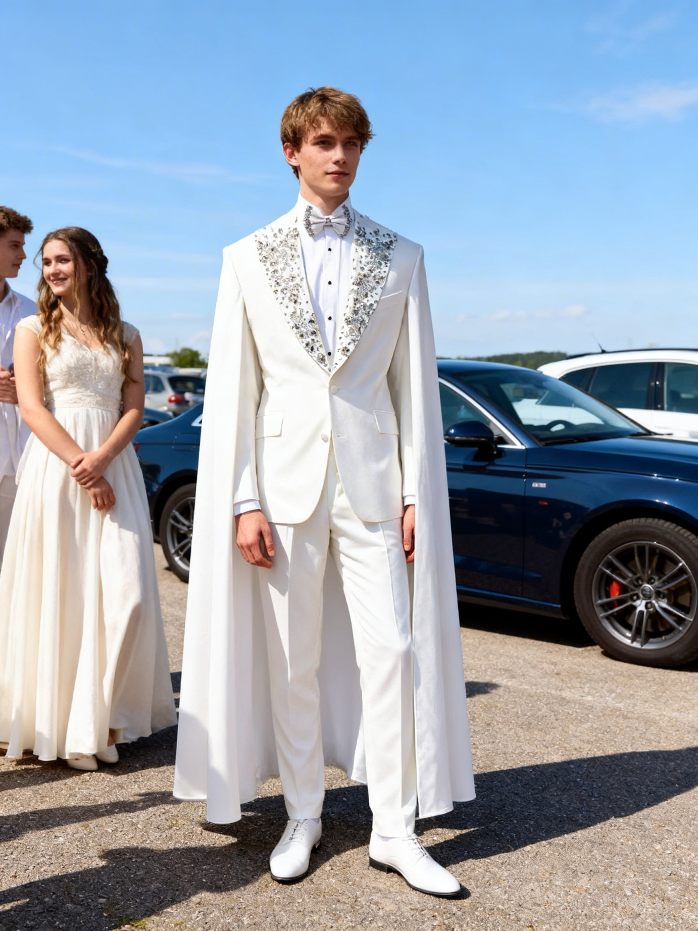 Men's 2-Piece White Cape Tuxedo Suit, Deep V Shawl Lapel Fully Crystal Rhinestones Flowing Long Cloak For Wedding Singer Stage Performance