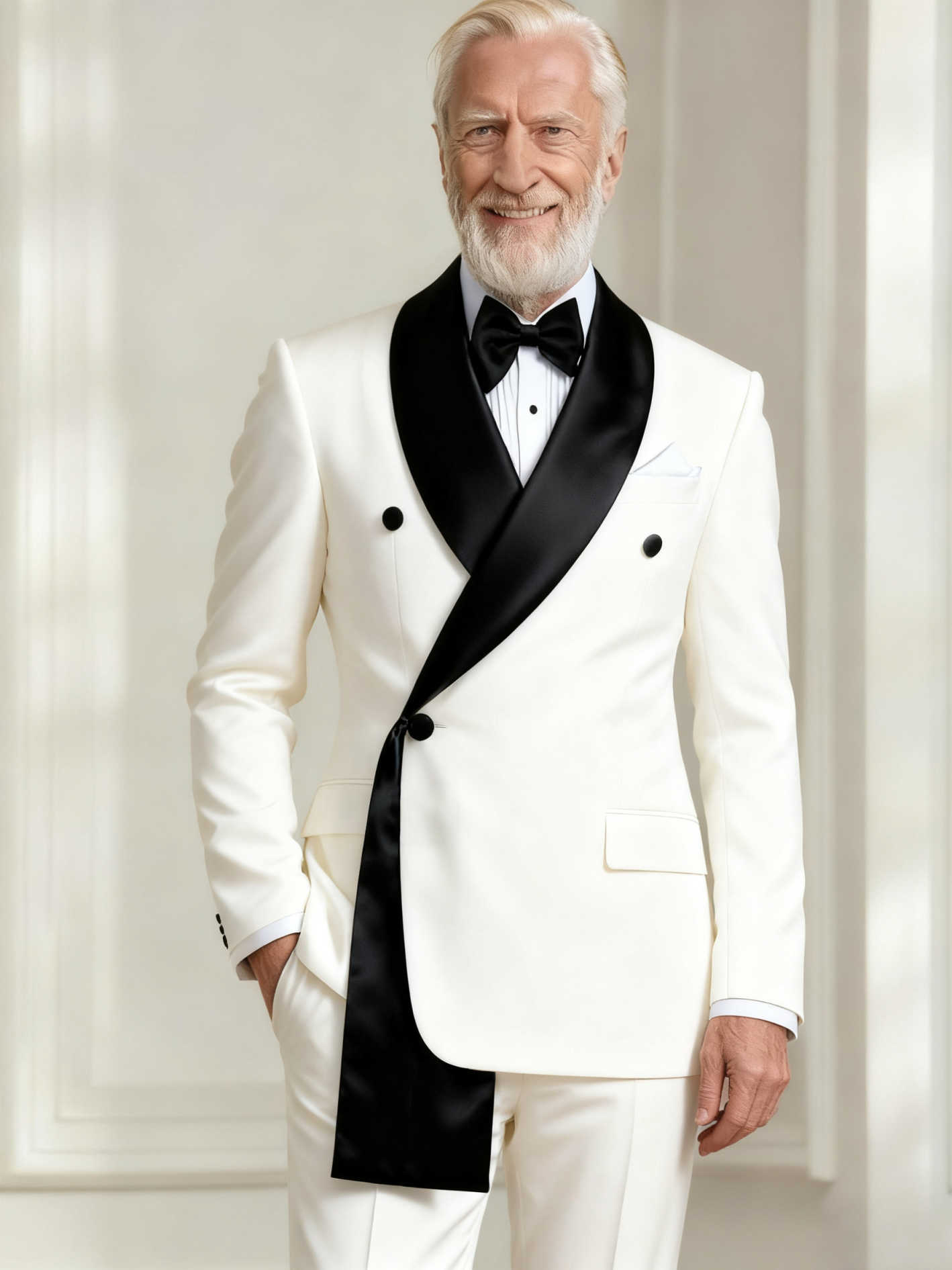 Men's Asymmetric Satin Shawl Lapel Double Breasted Tuxedo Black & White Formal Suit