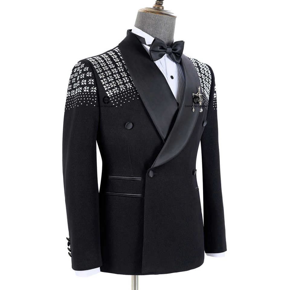 2 Pieces Men Tuxedo Suit with Rhinestones Shawl Lapel Blazer Slim Jacket Pants Set for Wedding,Prom,Party,Dinner