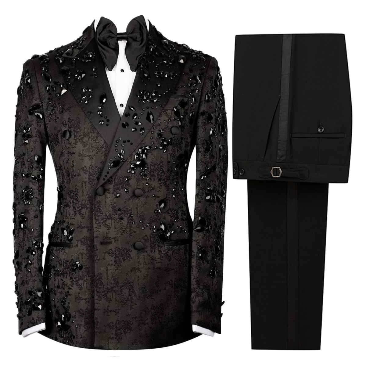Mens Luxury 2 Pieces Jacquard Suit Slim Fit Dinner Tuxedo Blazers Jacket Pants with Rhinestone for Prom Party