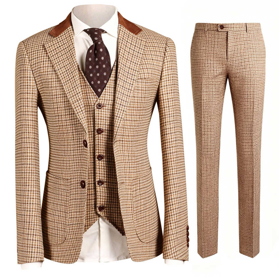Retro 3 Piece Brown Tweed Herringbone Wedding Suits Regular Fit Blazer Vest Pants Set for Prom Dinner Business
