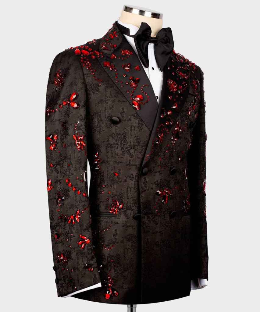 Mens Luxury 2 Pieces Jacquard Suit Slim Fit Dinner Tuxedo Blazers Jacket Pants with Rhinestone for Prom Party