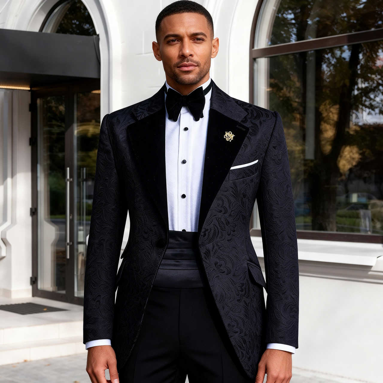 Men's Black Jacquard Tuxedo Suit with Velvet Shawl Lapel, Slim Formal 2-Piece Suit for Groom Wedding Hosting