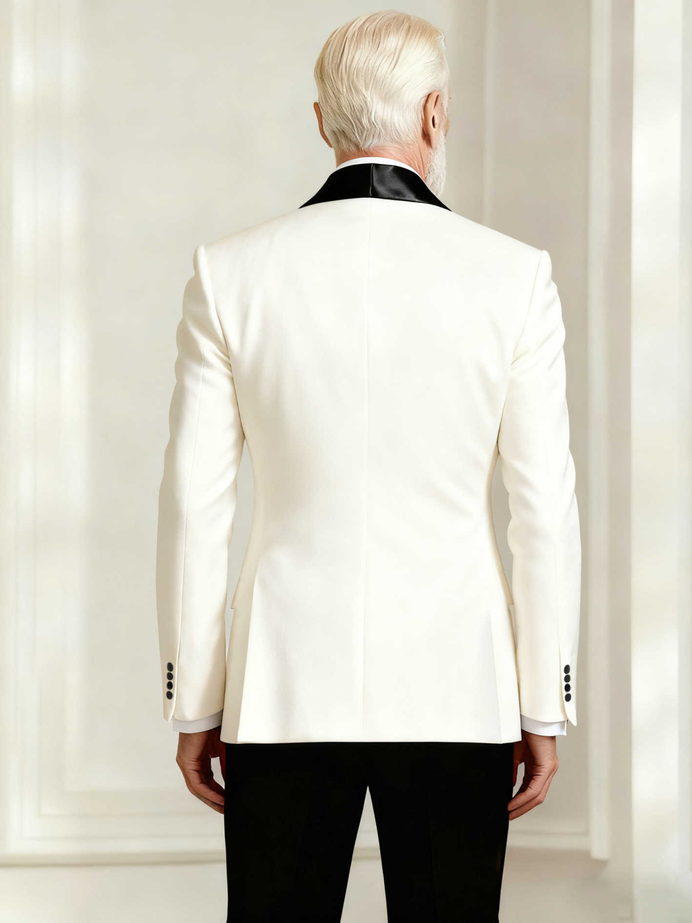 Men's Asymmetric Satin Shawl Lapel Double Breasted Tuxedo Black & White Formal Suit