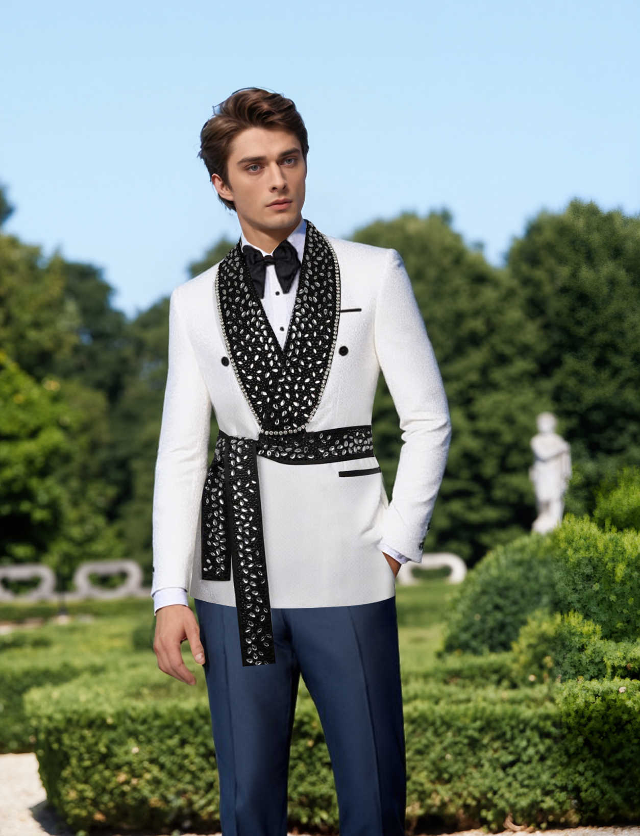 Men's Tuxedo Rhinestones Suits with Belt Slim Luxury Wedding Party Blazer Jacket Pants Suit Prom,Dinner Set