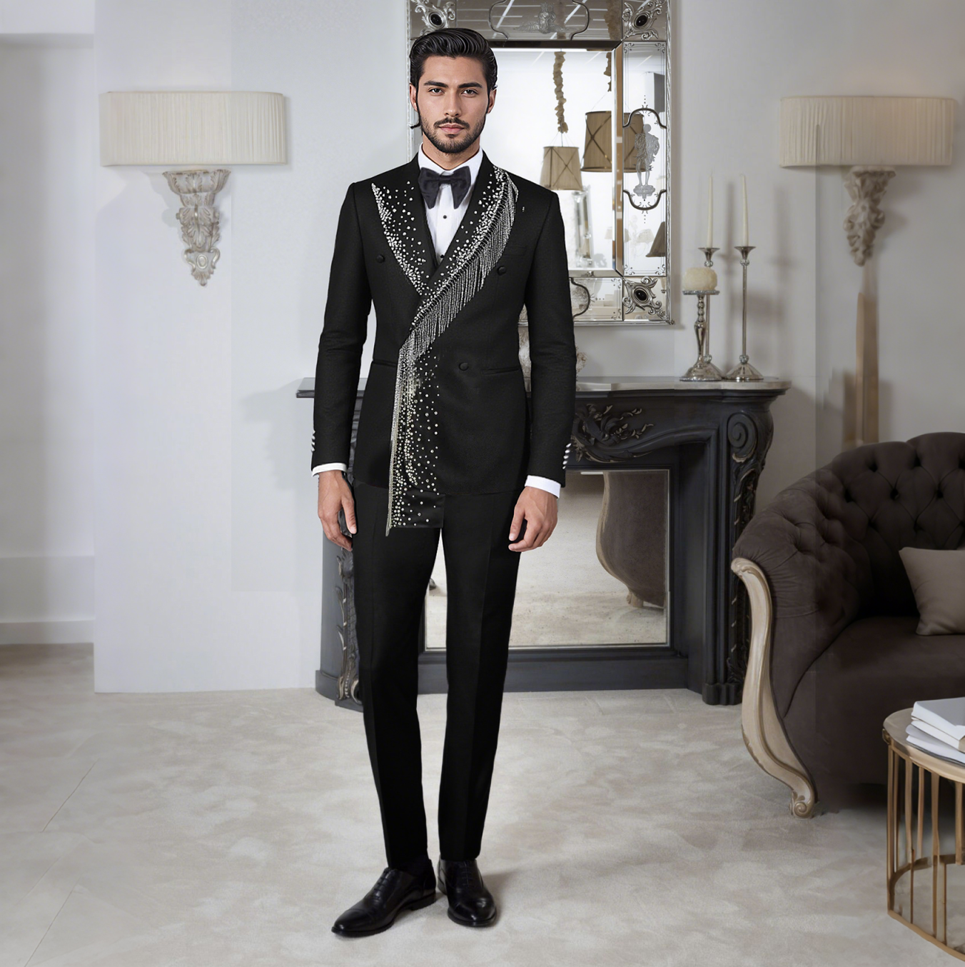 Men's Black Double Breasted Tuxedo with Handmade Rhinestone Fringe Lapel, Slim Formal Suit for Groom Wedding Stage Hosting