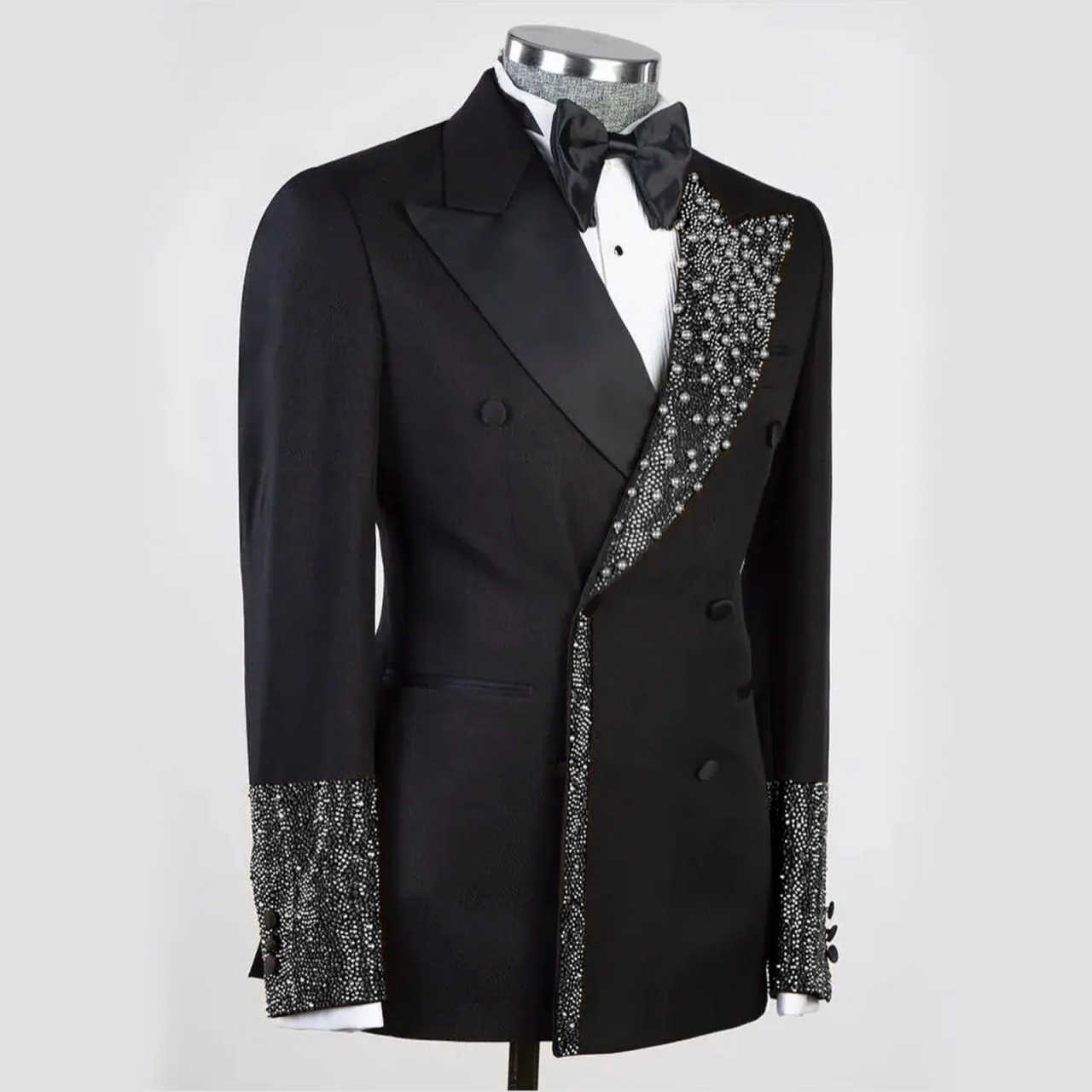 Men's Luxury Tuxedo Slim Fit Wedding Groom Men Black and Gold Sequin Peaked Lapel for Prom Party Dinner