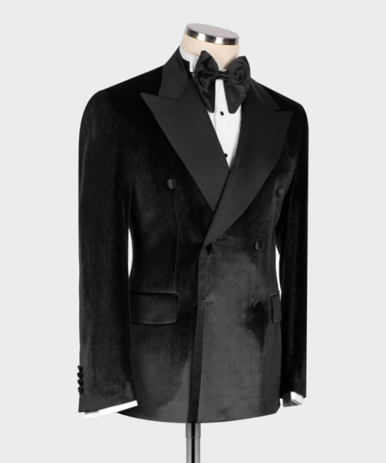 Men's Double Breasted Velvet Tuxedo Blazer In Black & Emerald Green, Wide Satin Peak Lapel Slim Formal Jacket For Wedding Banquet Stage