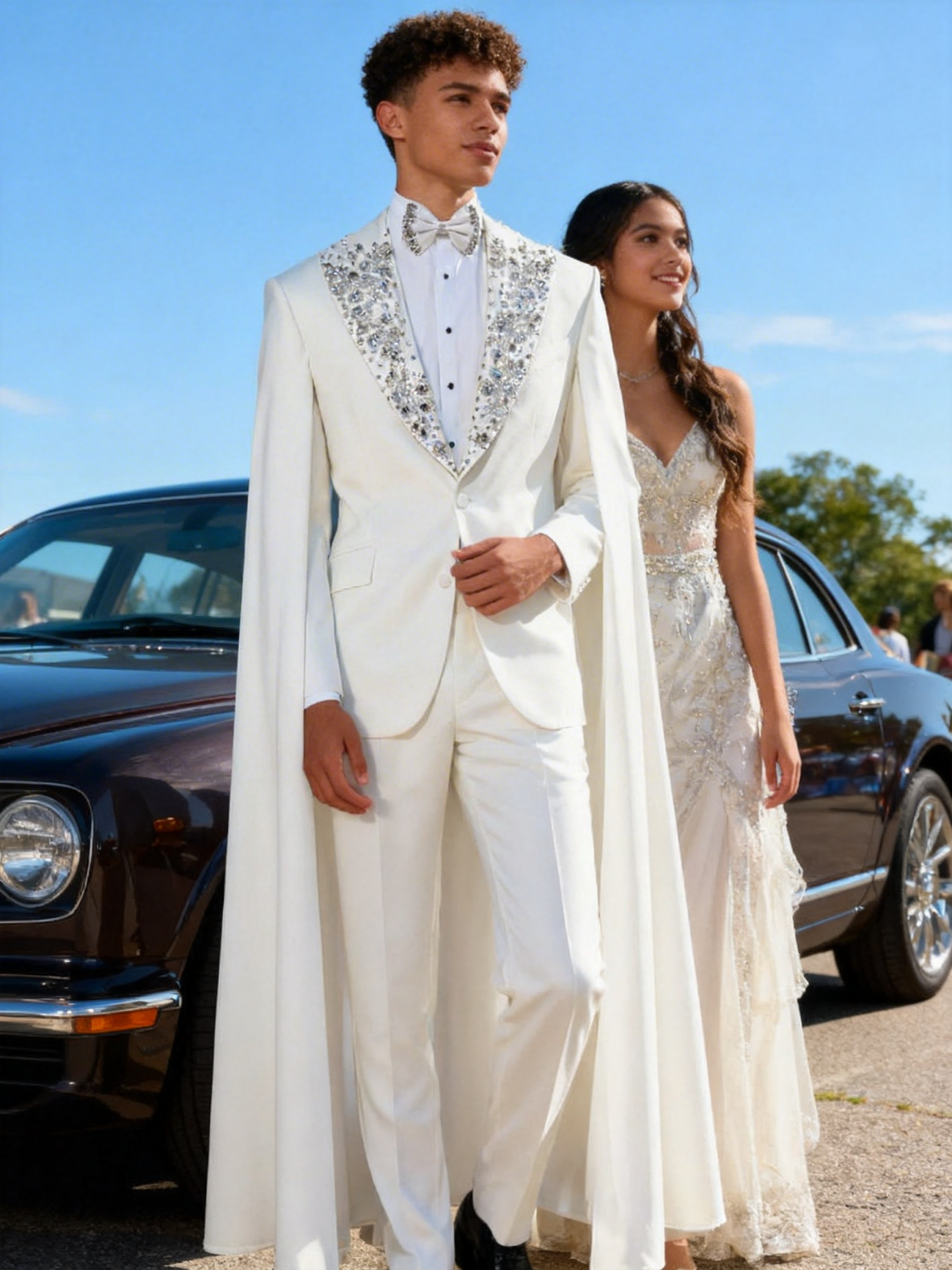 Men's 2-Piece White Cape Tuxedo Suit, Deep V Shawl Lapel Fully Crystal Rhinestones Flowing Long Cloak For Wedding Singer Stage Performance