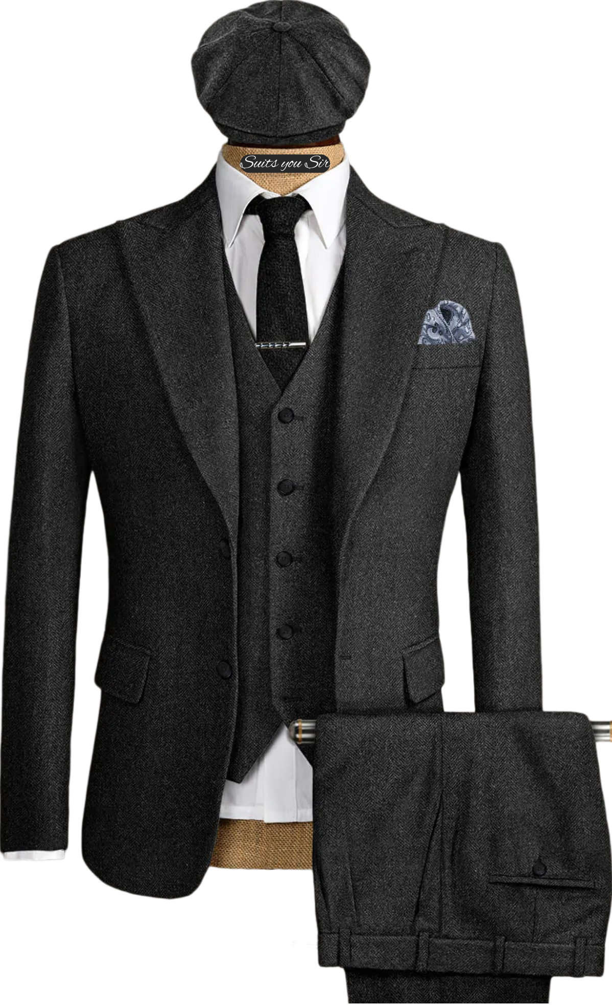 Men's Vintage Herringbone Tweed 3 Piece Suit with Matching Flat Cap