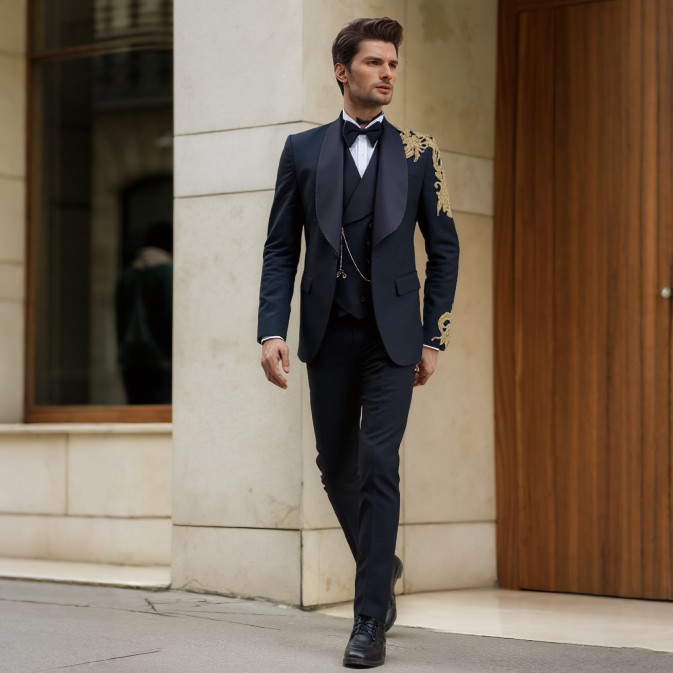 Men's 3-Piece Black Tuxedo with Velvet Shawl Lapel, Hand Silver Floral Beaded Embroidery Suit for Groom Wedding Stage Performance