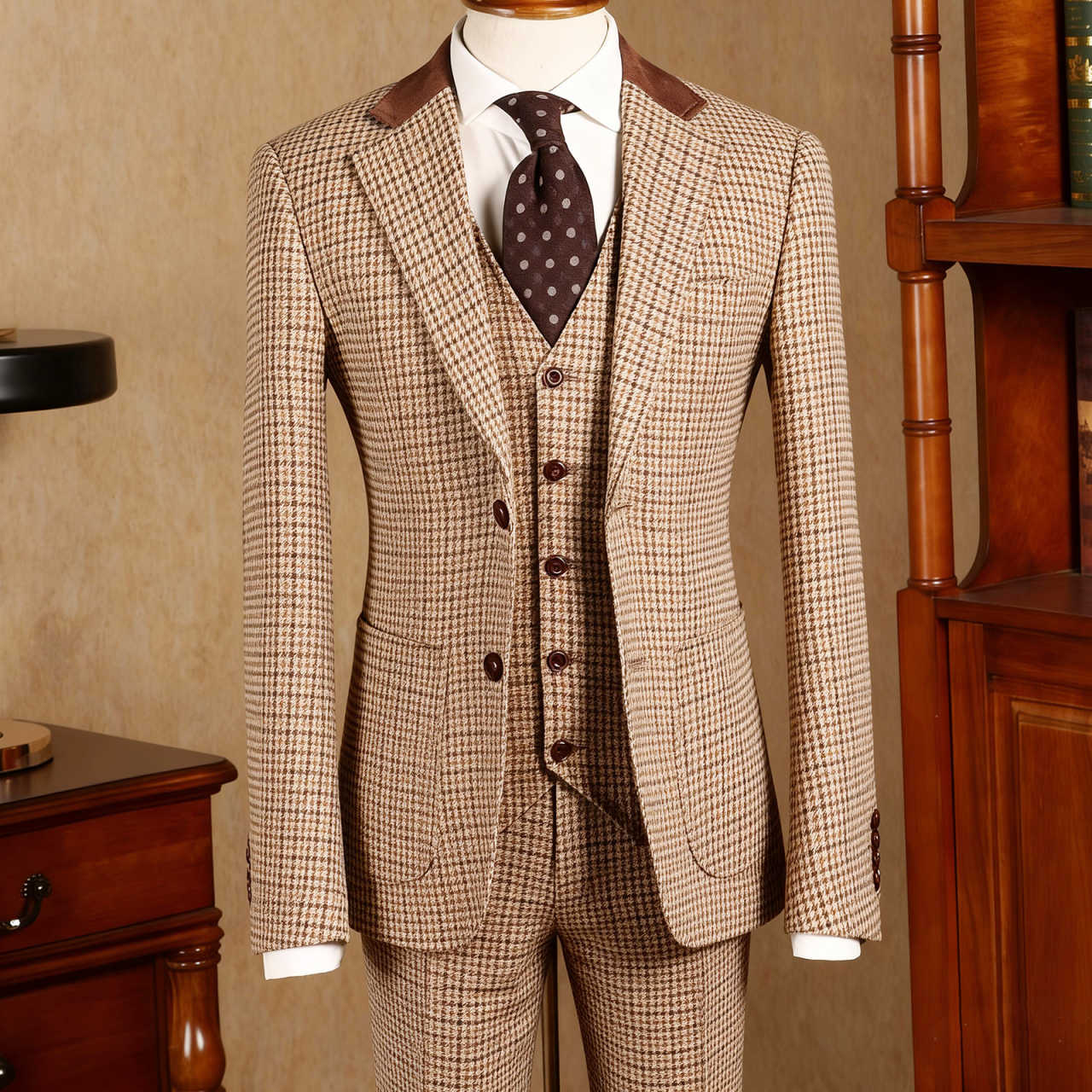 Retro 3 Piece Brown Tweed Herringbone Wedding Suits Regular Fit Blazer Vest Pants Set for Prom Dinner Business