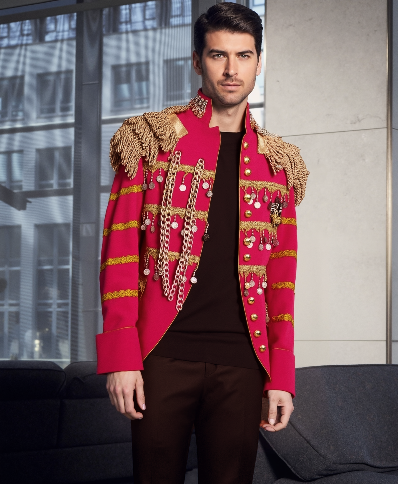 Mens Gold Tassels Stylish Suit Jacket Stand Collar Slim Fit Steampunk Gothic Vintage Uniform Man Suit