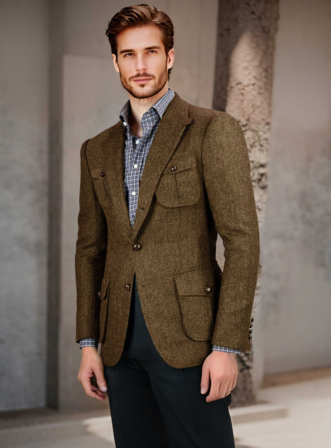 Men's Herringbone Twill Wool Blend Norfolk Jacket, Single Breasted Slim Fit Retro British Casual Sport Coat for Grooms