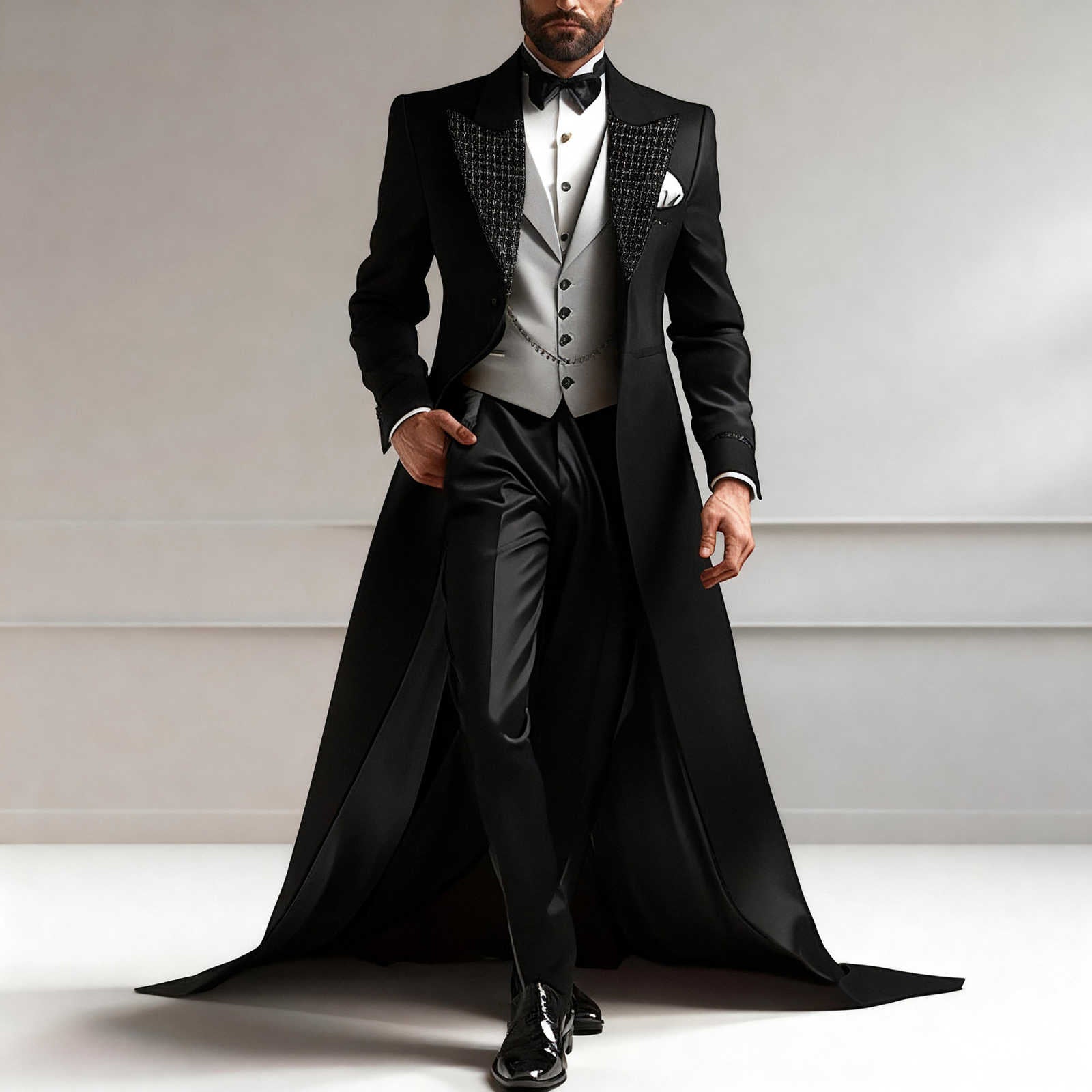 Men's Long Train Tuxedo 3-Piece Suit, Rhinestone Peak Lapel Slim Tailcoat for Groom Wedding Stage Show