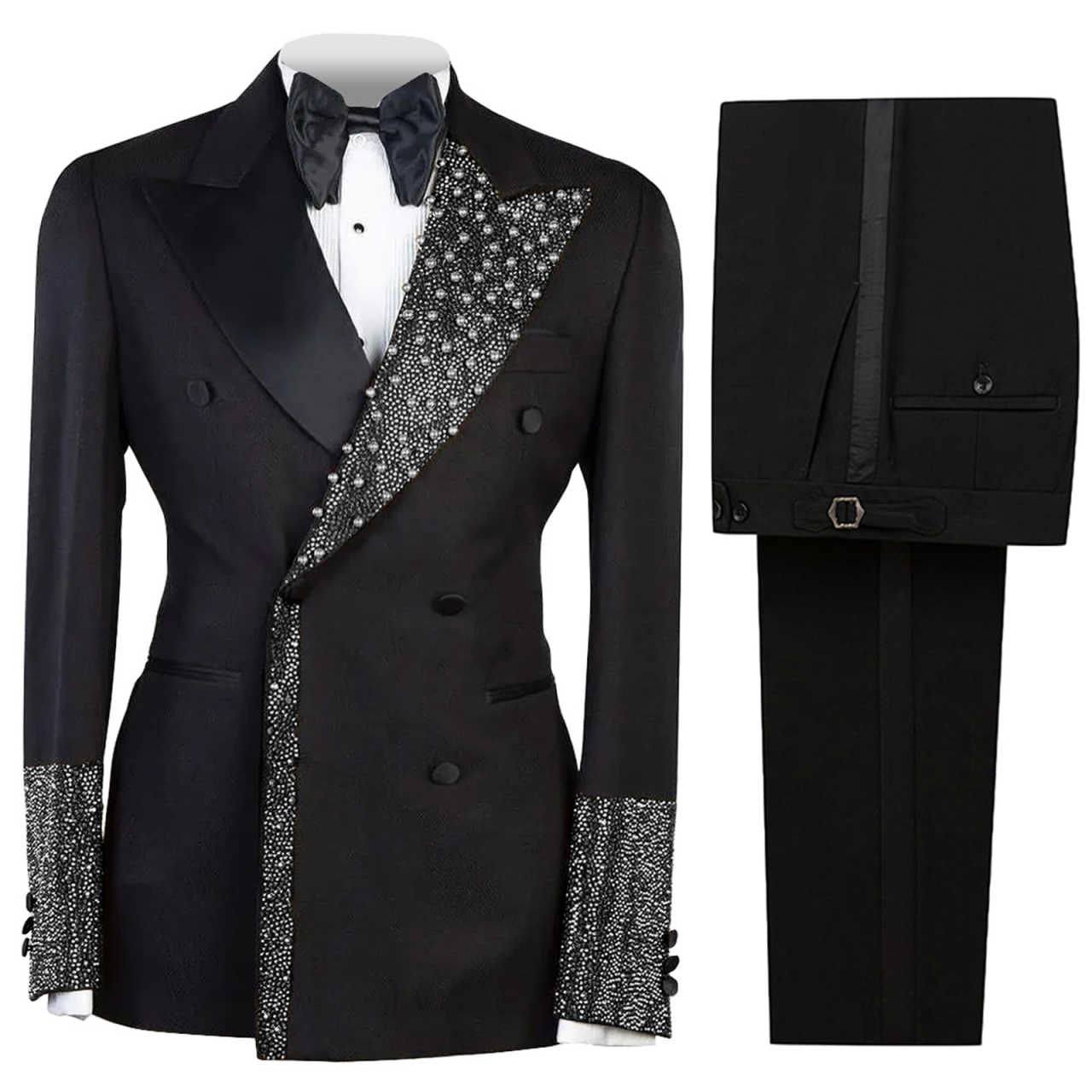 Men's Luxury Tuxedo Slim Fit Wedding Groom Men Black and Gold Sequin Peaked Lapel for Prom Party Dinner
