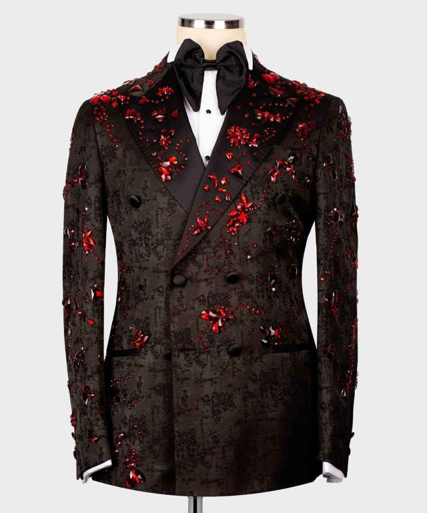 Mens Luxury 2 Pieces Jacquard Suit Slim Fit Dinner Tuxedo Blazers Jacket Pants with Rhinestone for Prom Party