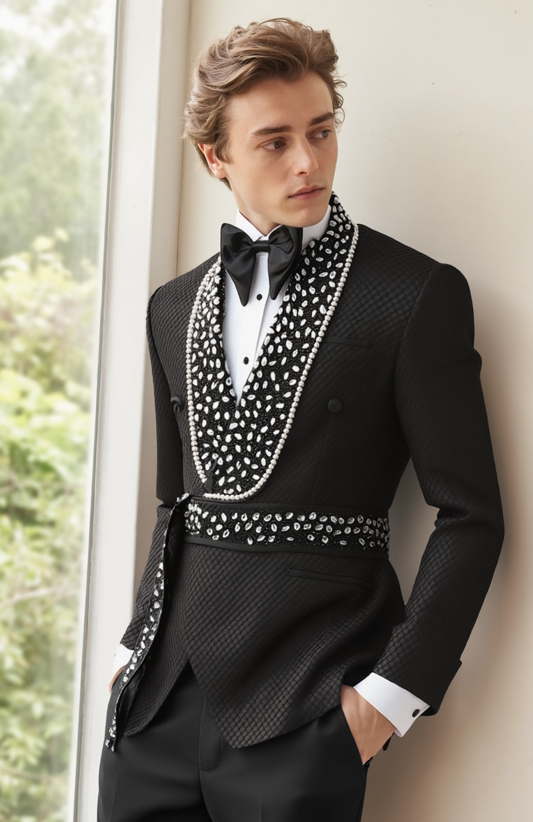 Men's Tuxedo Rhinestones Suits with Belt Slim Luxury Wedding Party Blazer Jacket Pants Suit Prom,Dinner Set