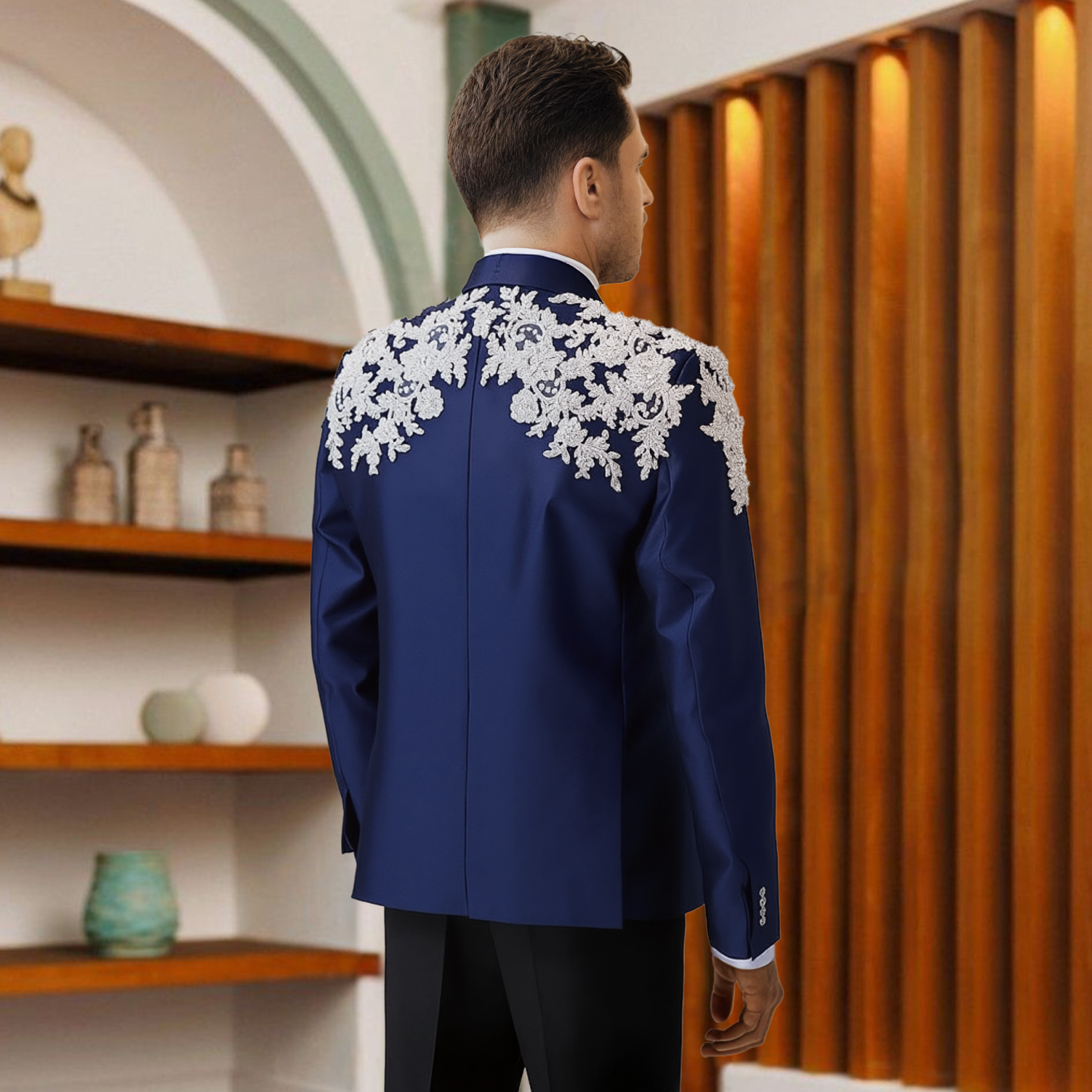 Men's Royal Blue Satin Shawl Lapel Tuxedo Jacket, Hand Silver Floral Rhinestone Embroidery On Shoulders Slim Formal Blazer for Groom Wedding Banquet