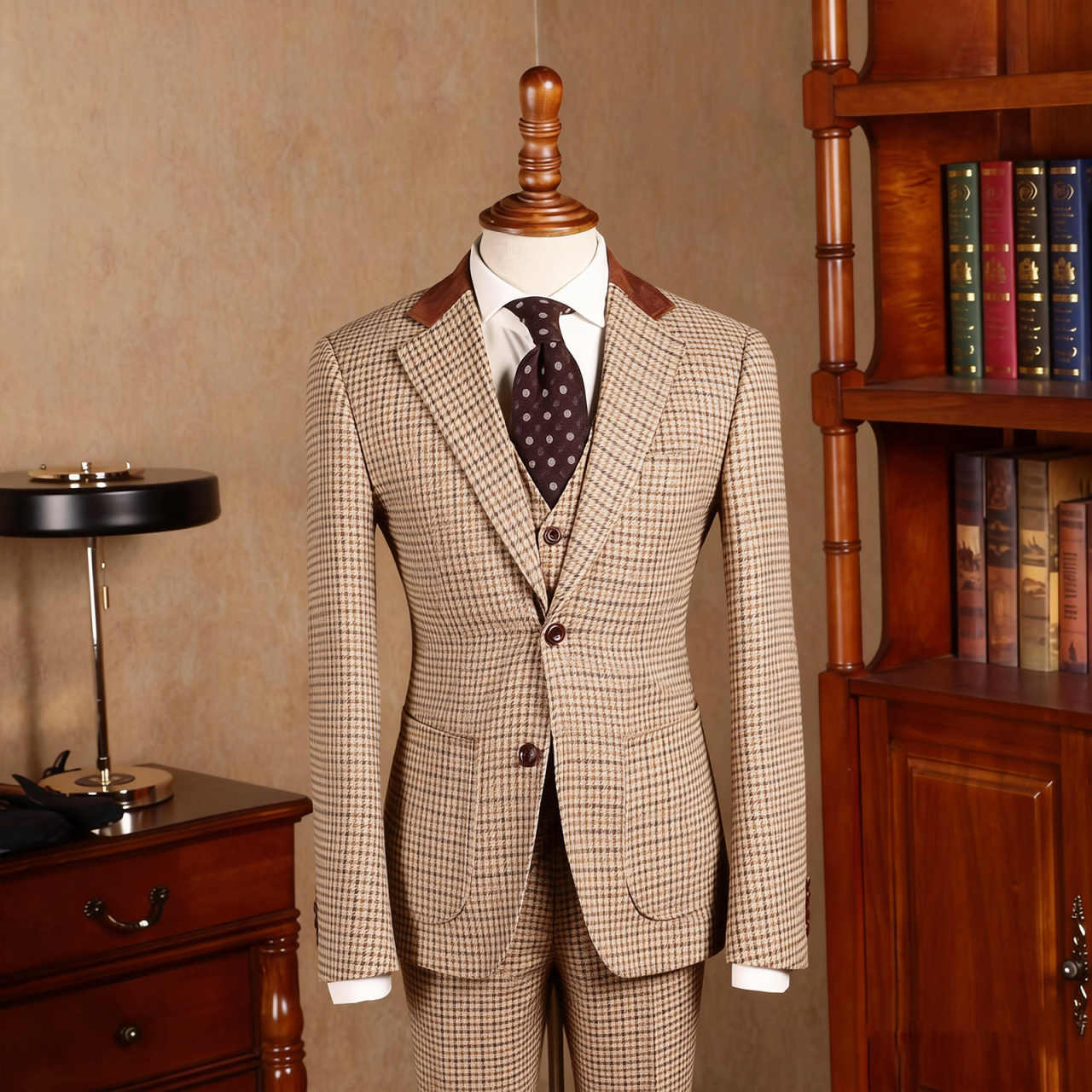 Retro 3 Piece Brown Tweed Herringbone Wedding Suits Regular Fit Blazer Vest Pants Set for Prom Dinner Business