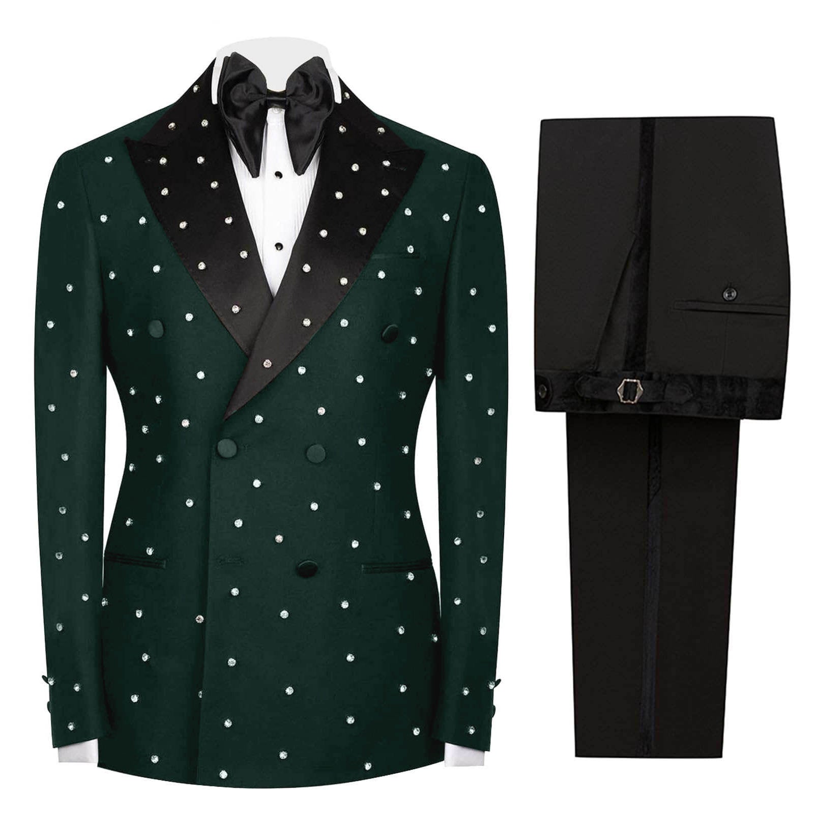 Mens 2 Pieces Suit Slim Fit Double Breasted Tuxedo Blazers Pants Outfit with Handmade Crystal Rhinestone
