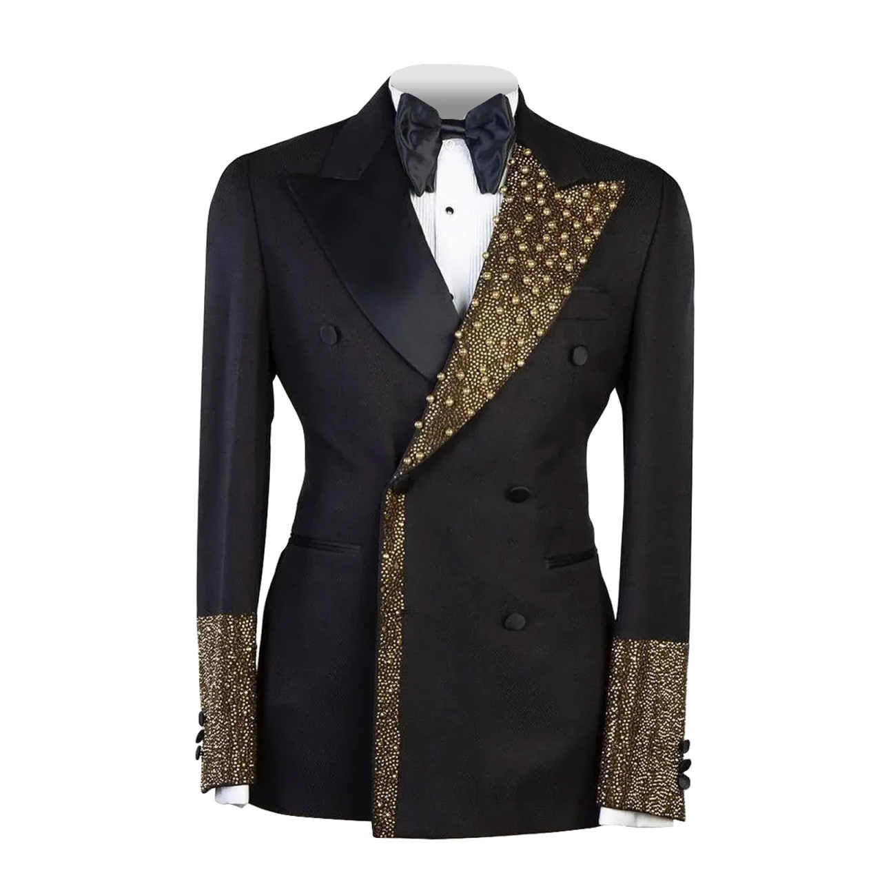 Men's Luxury Tuxedo Slim Fit Wedding Groom Men Black and Gold Sequin Peaked Lapel for Prom Party Dinner